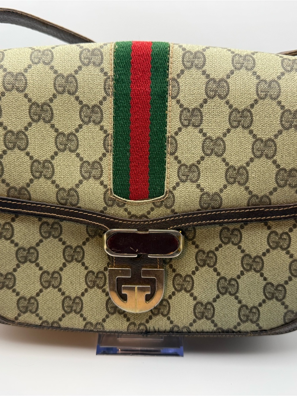Gucci Beige Monogram Shoulder Bag with Green-Red Web Stripe and Brown Trim